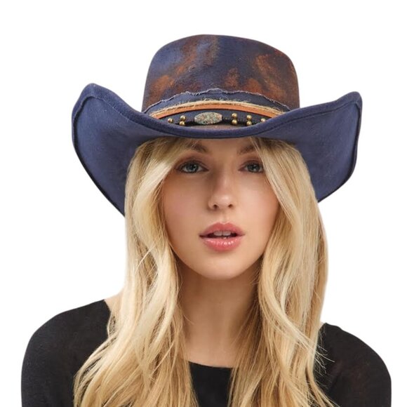 Distressed Vintage Designed Cowboy Cowgirl Hat Western Fedora Hat - Picture 4 of 6